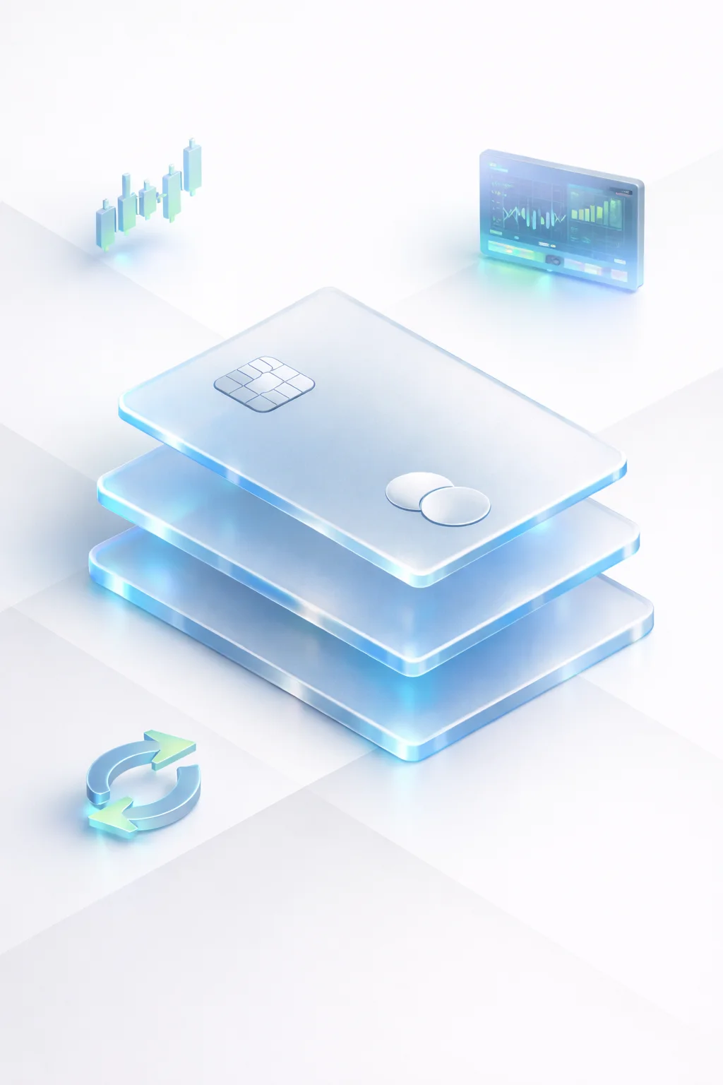Stacked glass payment cards with a candlestick chart, trading terminal, and exchange arrows