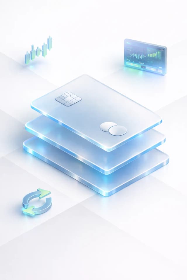 Stacked glass payment cards with a candlestick chart, trading terminal, and exchange arrows