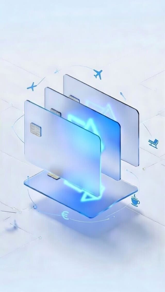 Fanned glass payment cards with airplane icons, a lounge chair, and a coffee cup