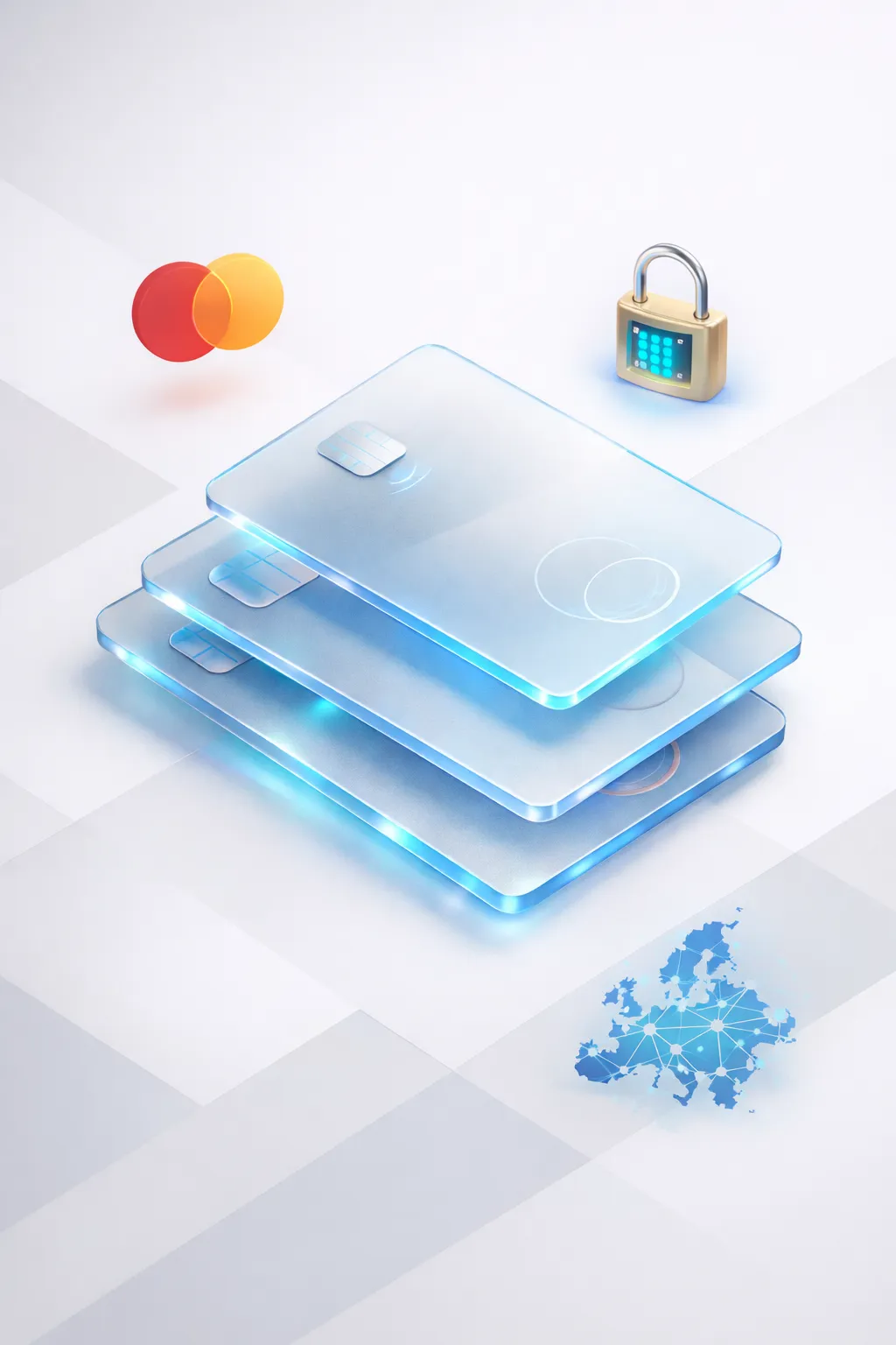 Stacked payment cards with a contactless Mastercard-style card, shield lock, and checkout terminal, resembling self-custody, credit access, and everyday Mastercard spending