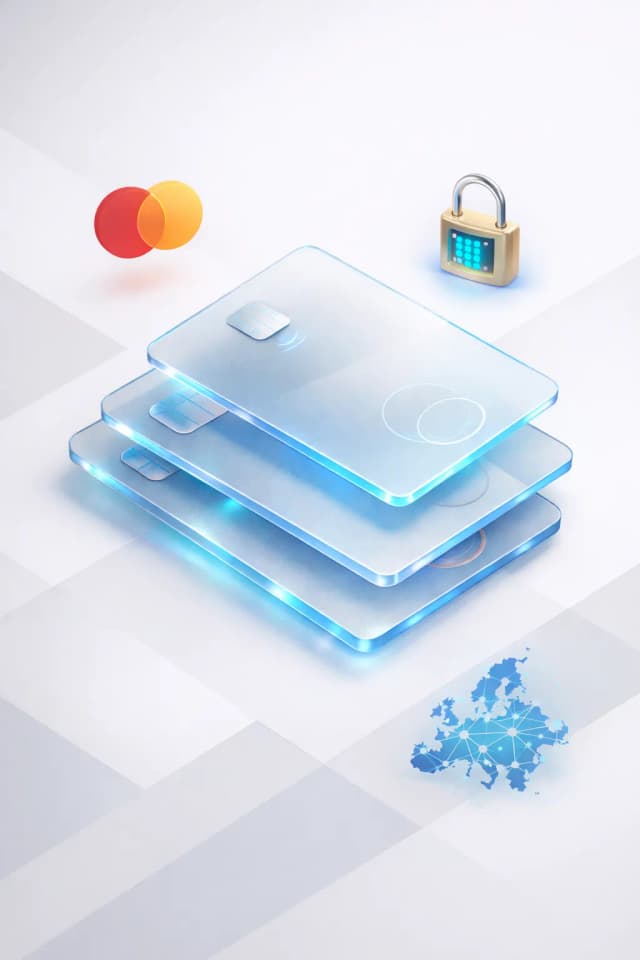 Stacked payment cards with a contactless Mastercard-style card, shield lock, and checkout terminal, resembling self-custody, credit access, and everyday Mastercard spending