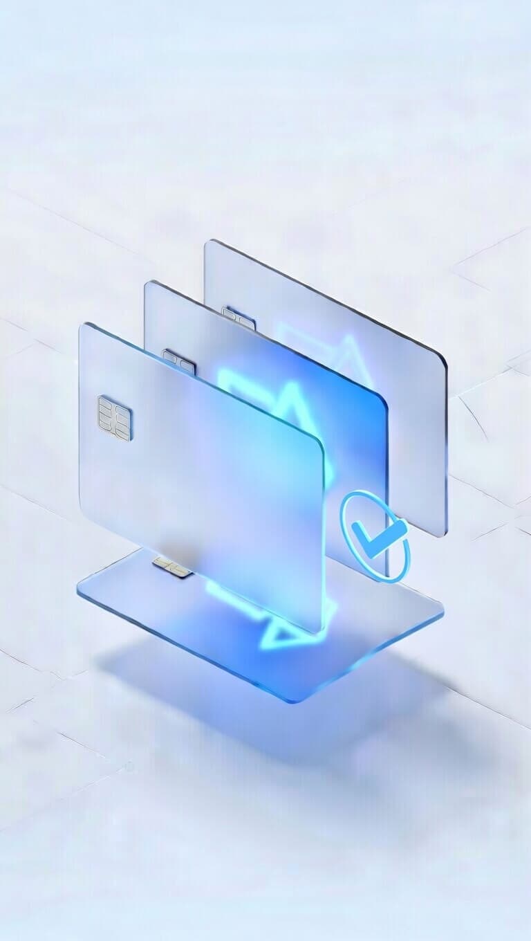 Fanned glass payment cards with a circled checkmark approval badge