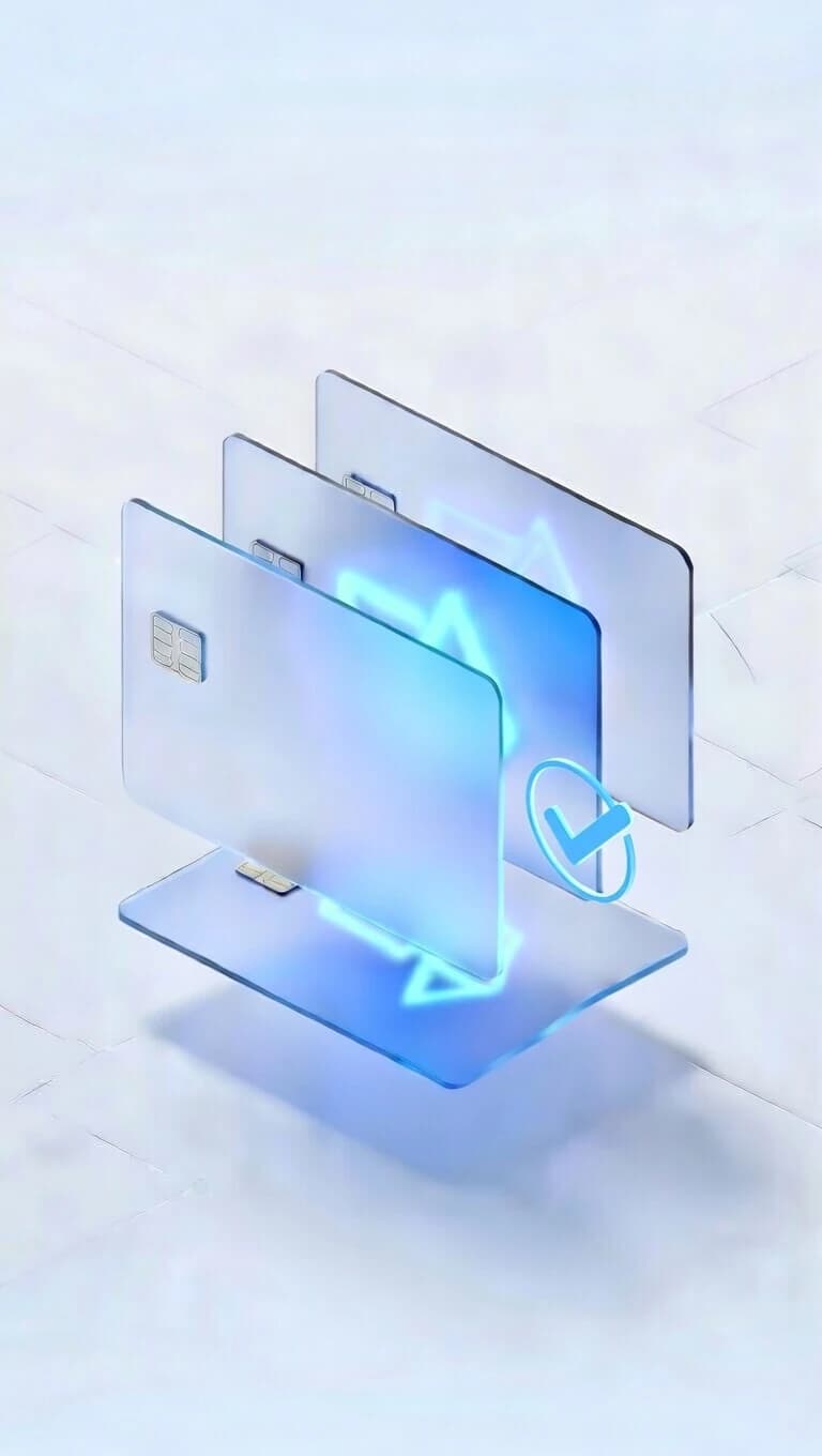 Fanned glass payment cards with a circled checkmark approval badge
