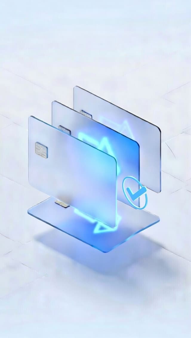 Fanned glass payment cards with a circled checkmark approval badge