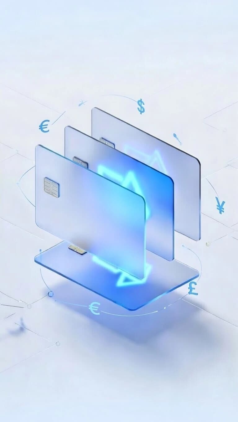 Fanned glass payment cards with floating dollar, euro, pound, and yen symbols