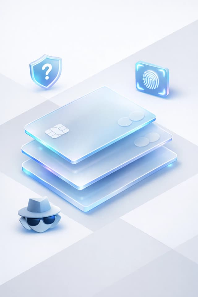 Stacked glass payment cards with a question-mark shield, fingerprint scanner, and incognito figure