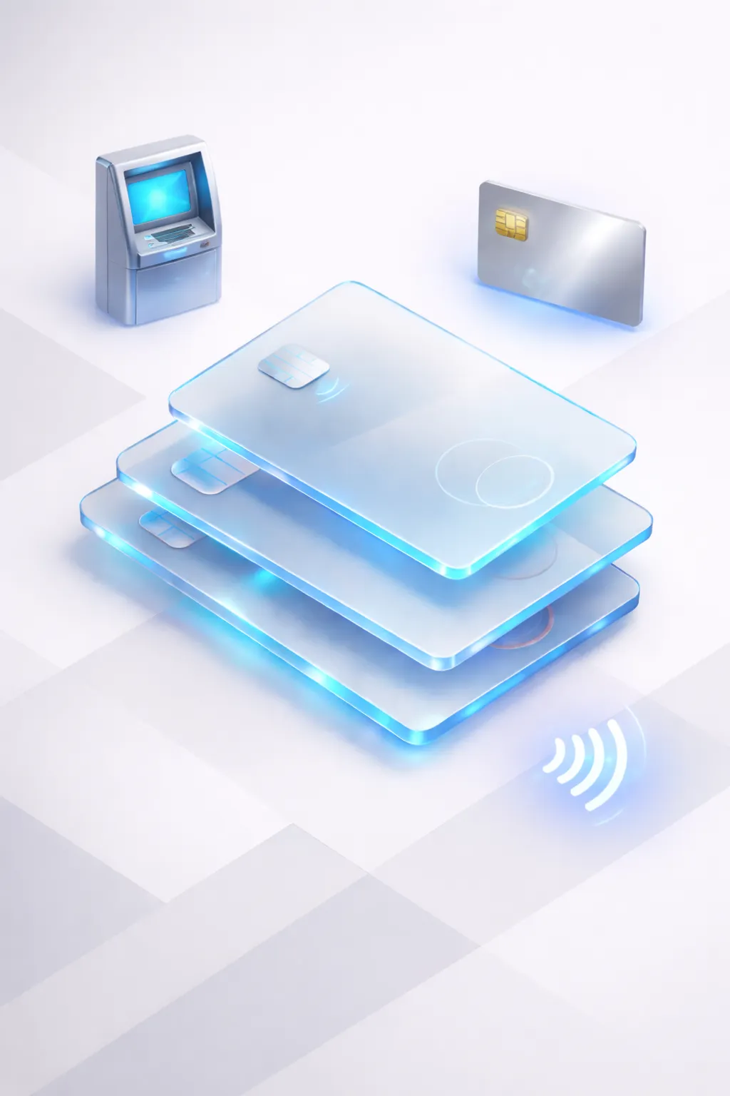 Stacked payment cards with a chip card, ATM slot, and checkout terminal, resembling physical card spending, cash access, and real-world retail use