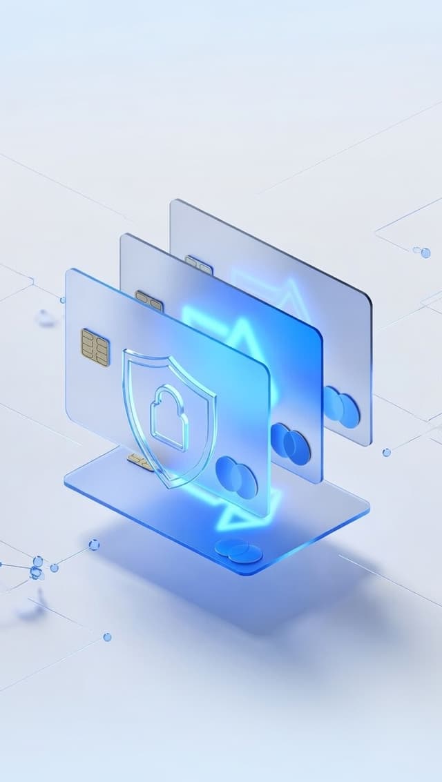 Stacked payment cards with a shield lock, wallet nodes, and on-chain links, resembling self-custody spending from your own wallet