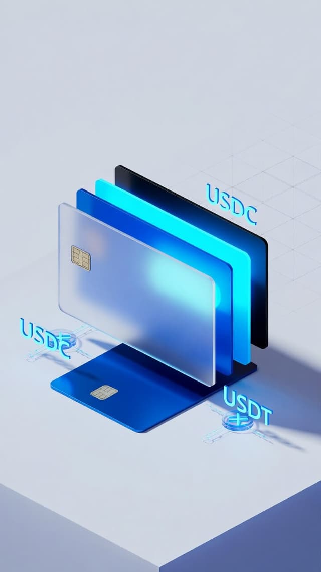 Stacked glass payment cards with floating USDC, USDe, and USDT stablecoin labels
