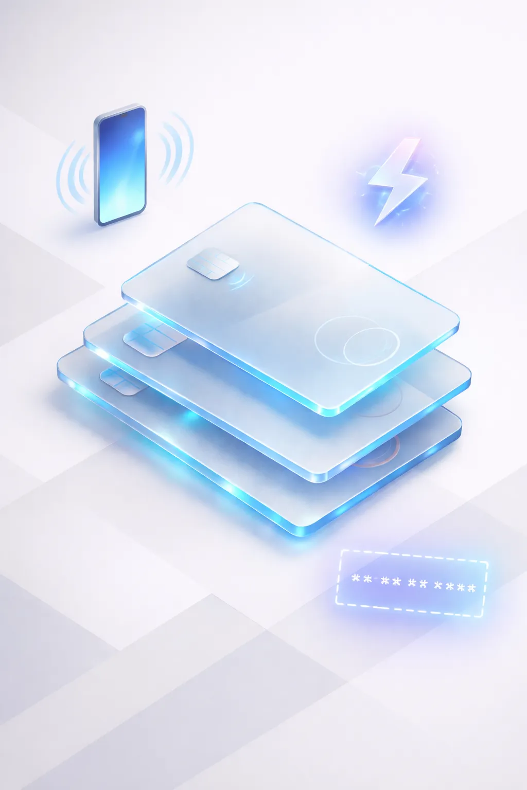 Stacked payment cards with a phone wallet, contactless tap icon, and online checkout screen, resembling instant virtual issuance and day-one mobile spending