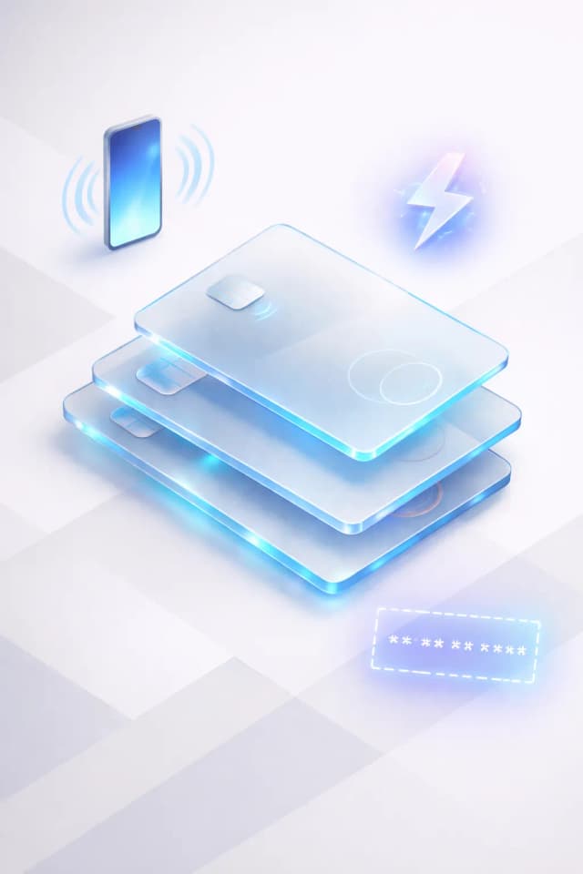 Stacked payment cards with a phone wallet, contactless tap icon, and online checkout screen, resembling instant virtual issuance and day-one mobile spending