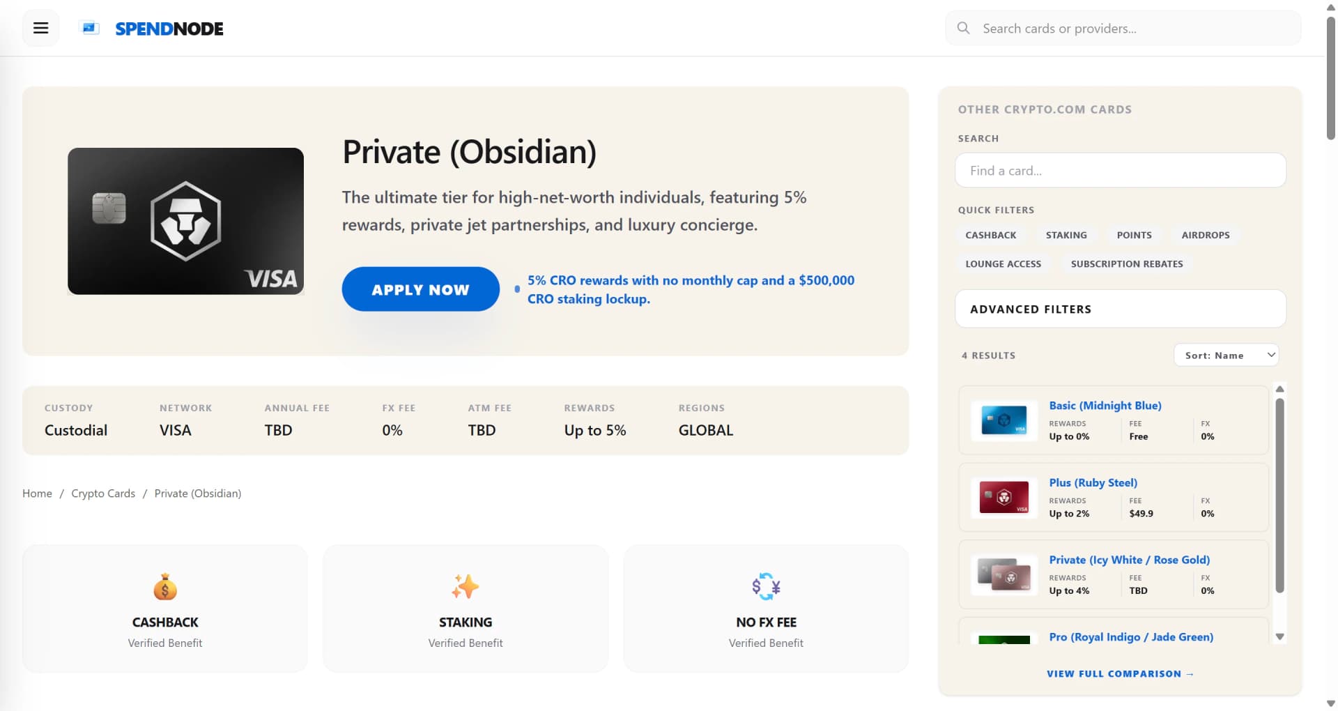 Crypto.com Obsidian product page on SpendNode