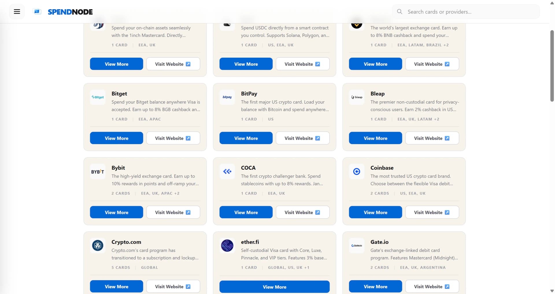 SpendNode Directory page showing card issuers