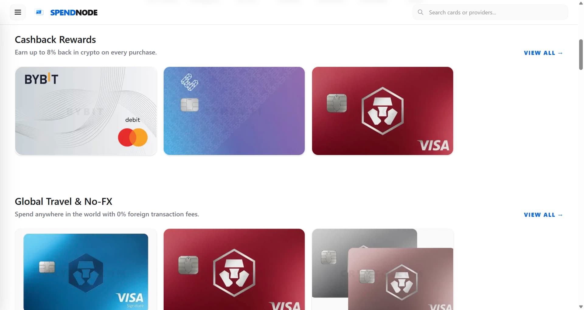 Featured card placements on SpendNode homepage