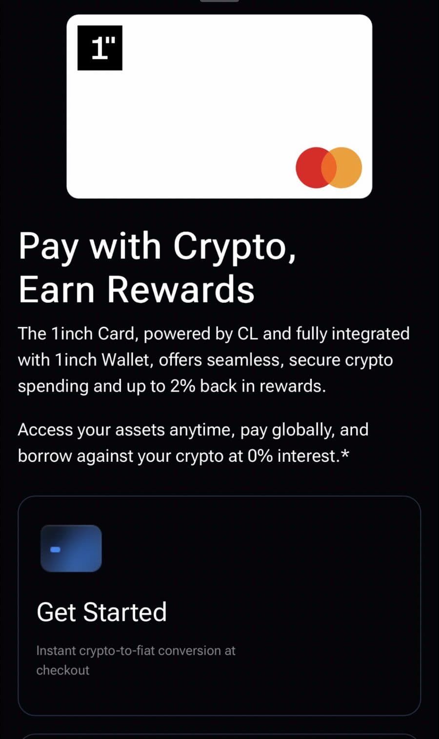1inch Card overview showing Mastercard integration and Crypto Life features