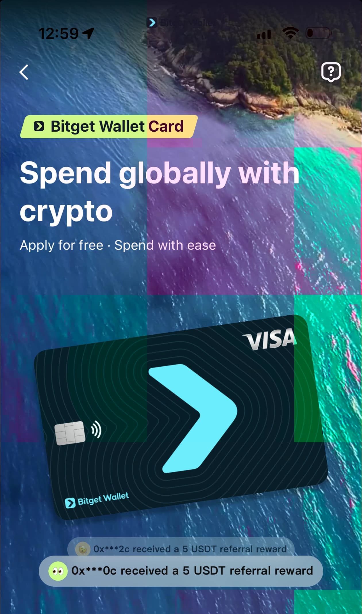 Bitget Wallet Card in-app showing Visa card and global spending