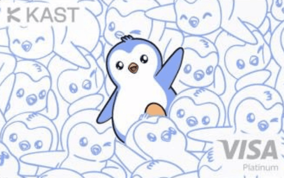 Three Pudgy Penguins-branded KAST cards in white, black, and gold, representing the Pengu Standard, Black, and Gold tiers