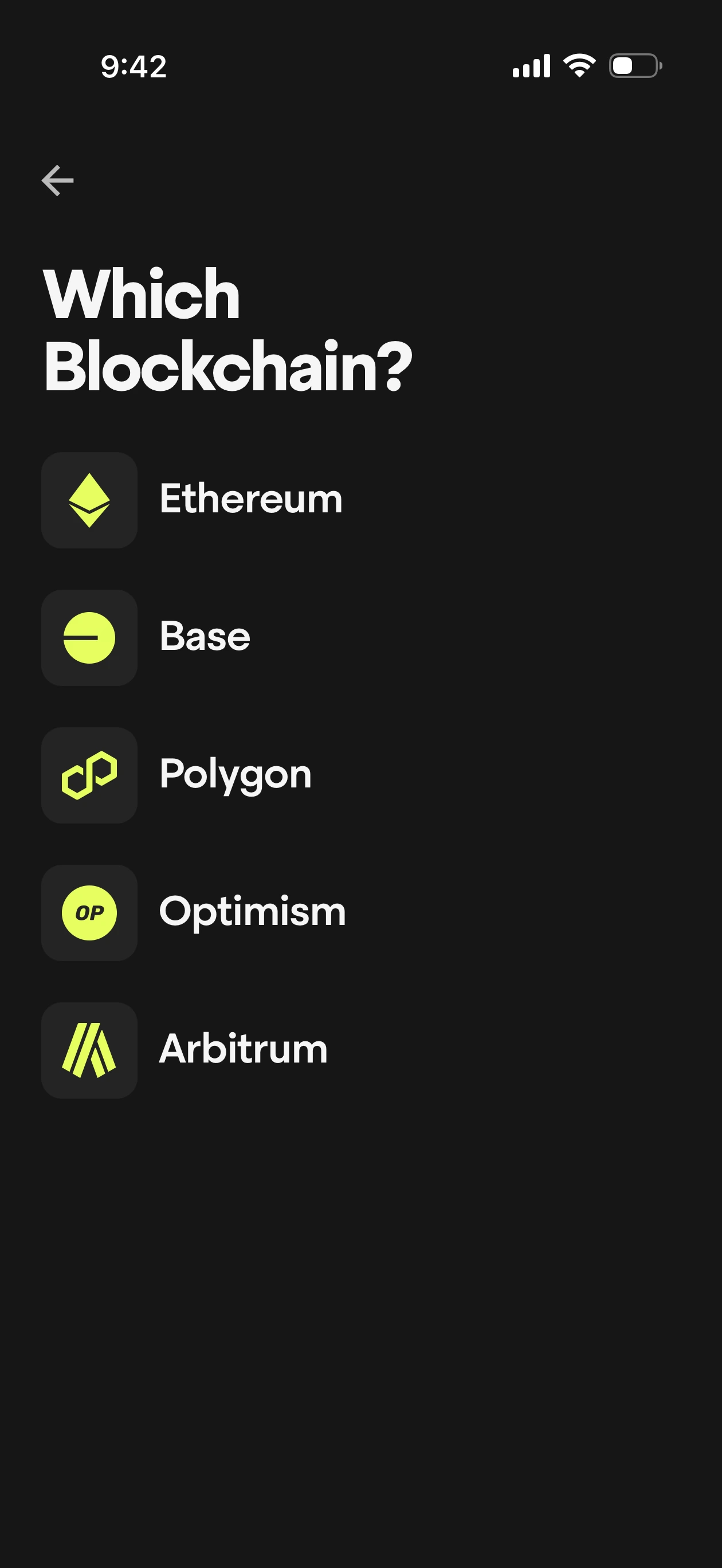 Payy deposit flow - chain selection showing Ethereum, Base, Polygon, Optimism, and Arbitrum