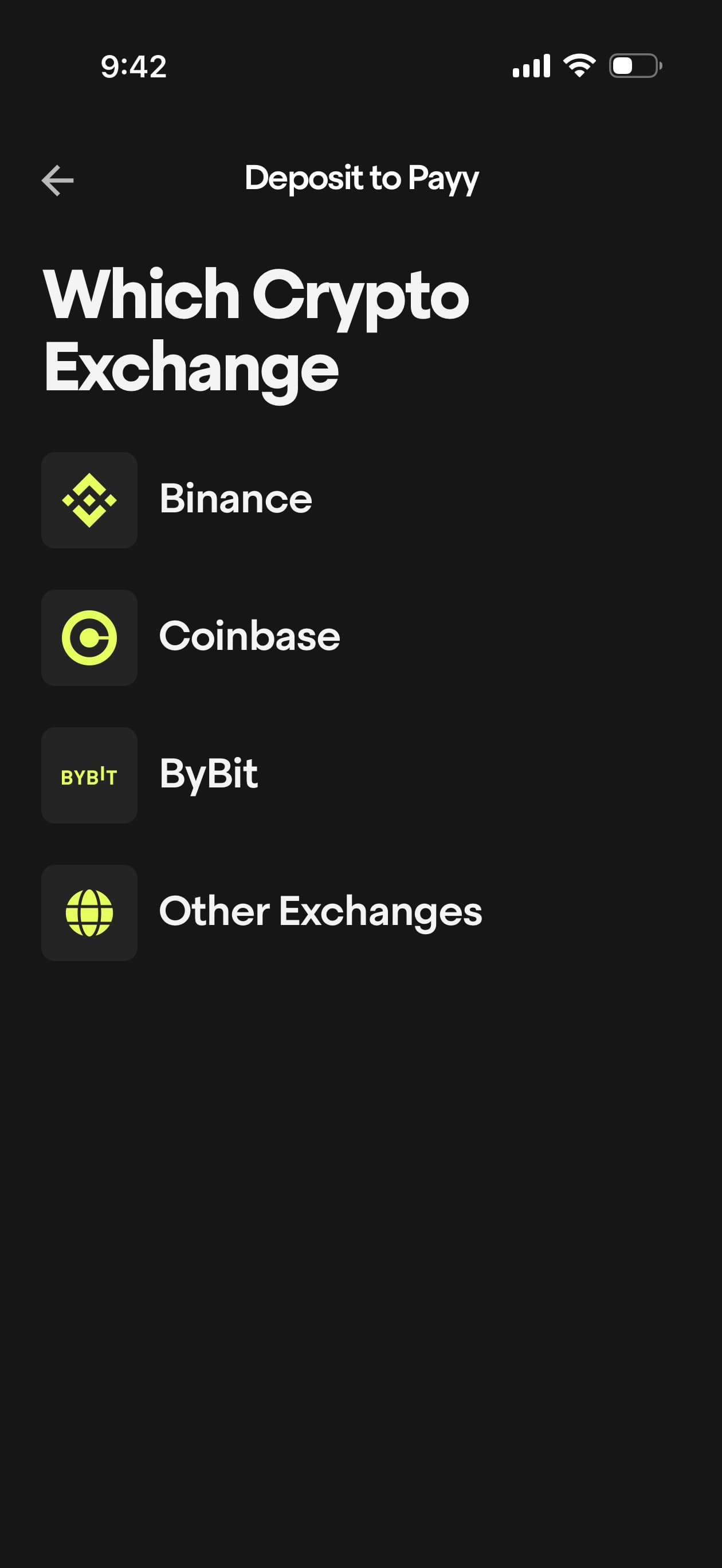 Payy deposit flow - exchange selection showing Binance, Coinbase, ByBit, and Other Exchanges