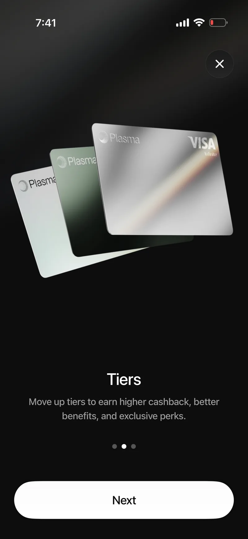 Plasma One's three tiers: the free Lite card, the green Core, and the metal Platinum