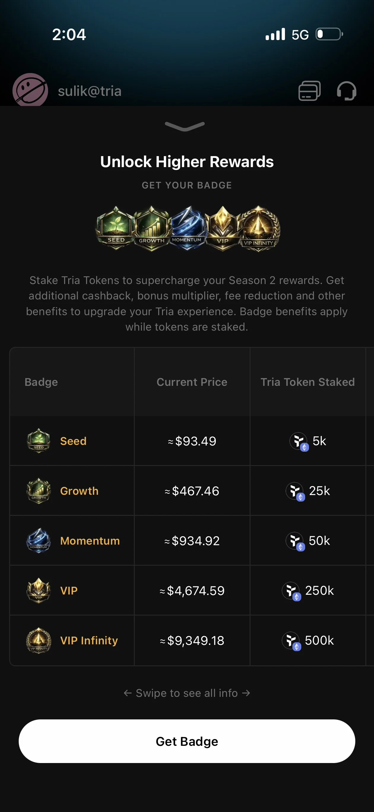 Tria staking badges from Seed to VIP Infinity with token requirements and current prices