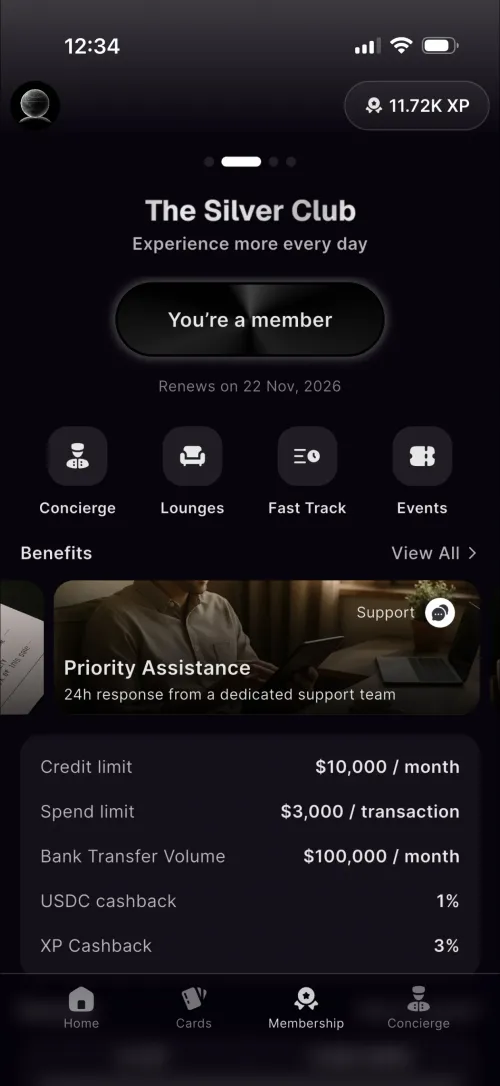 XPlace Silver Club showing $10,000/month credit limit, 1% USDC cashback, and 3% XP cashback