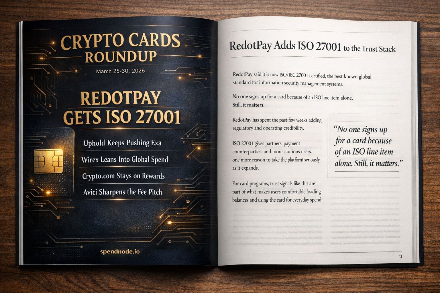 Crypto Cards Roundup March 30 - RedotPay Gets ISO 27001, Uphold Pushes Exa, Wirex Leans Into Spendable Stablecoins