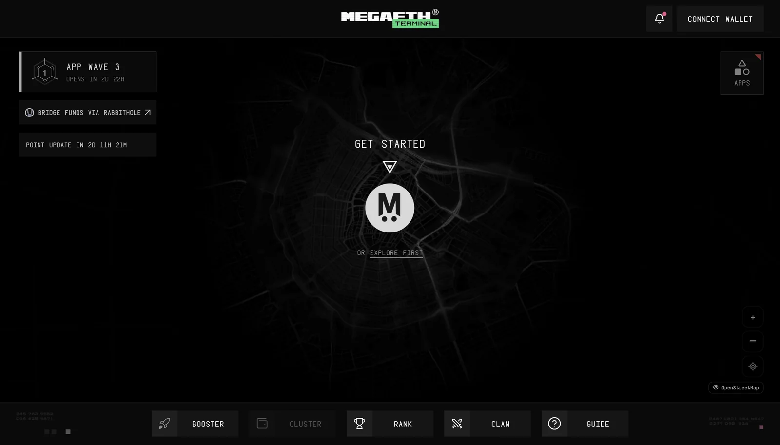 MegaETH Terminal home screen showing the world map and wave countdown