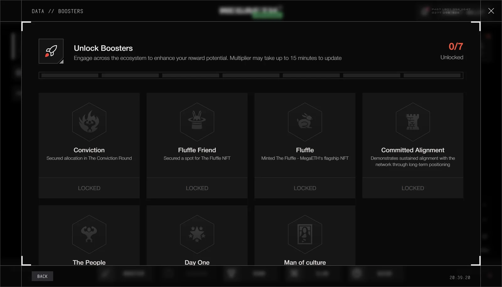MegaETH Terminal boosters page showing seven booster types all marked LOCKED