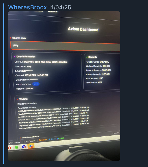 Screenshot of Axiom internal dashboard showing a user search for Jerry, displaying full user information including User ID, email, registration date, connected wallets with timestamps, rewards data, and referral information