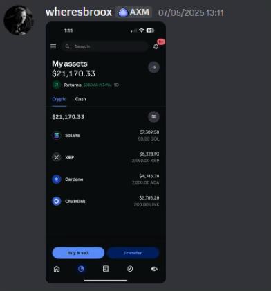Screenshot of exchange balance showing $21,170 in crypto holdings including Solana, XRP, Cardano, and Chainlink, shared by WheresBroox in July 2025