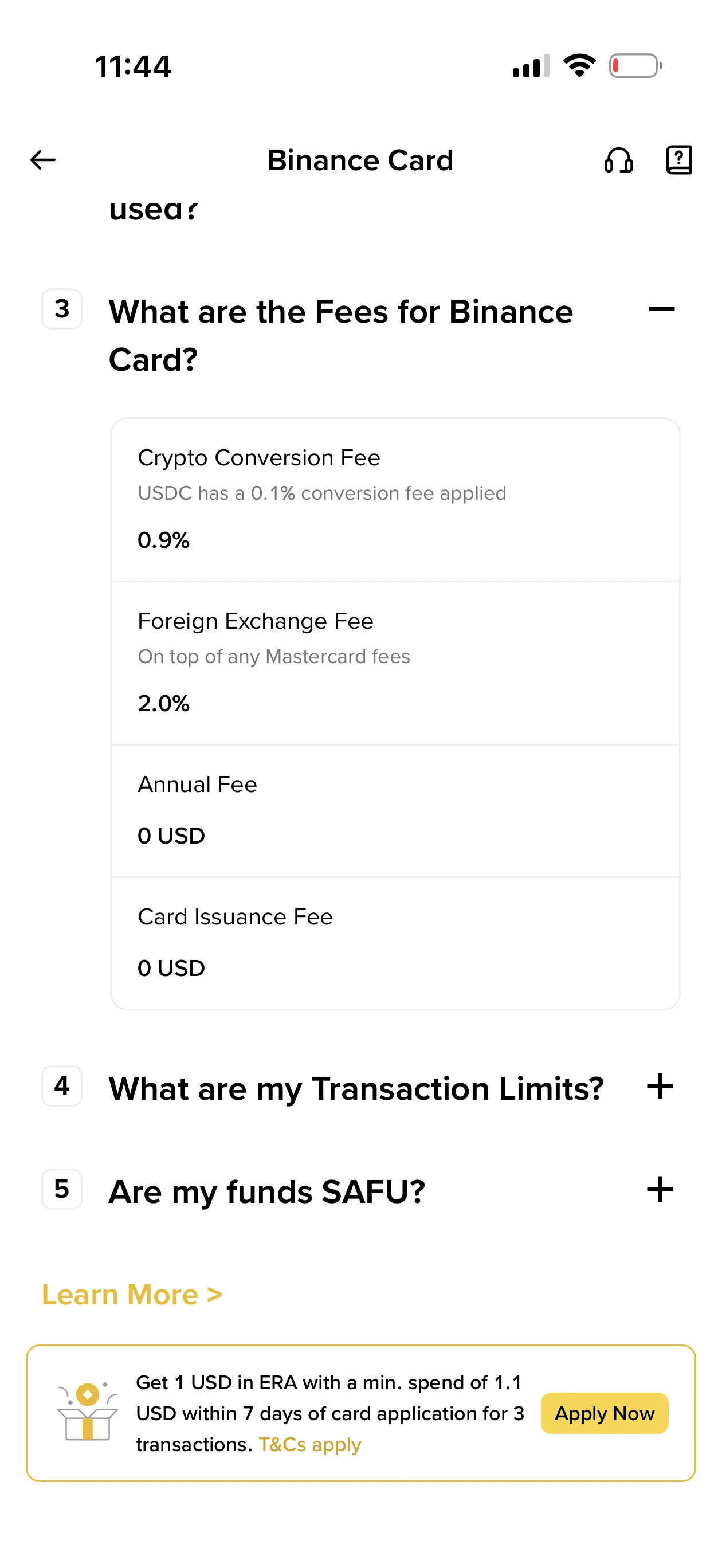 Binance Card app FAQ showing crypto conversion fee, foreign exchange fee, annual fee, and issuance fee