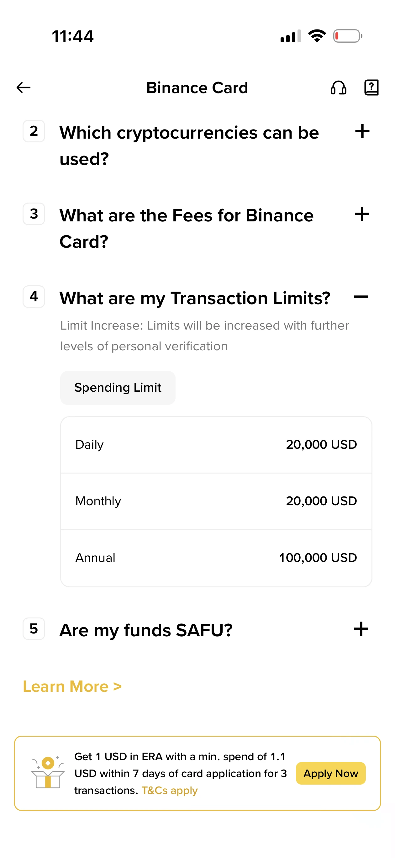 Binance Card app FAQ showing spending limits of 20,000 USD daily, 20,000 USD monthly, and 100,000 USD annual