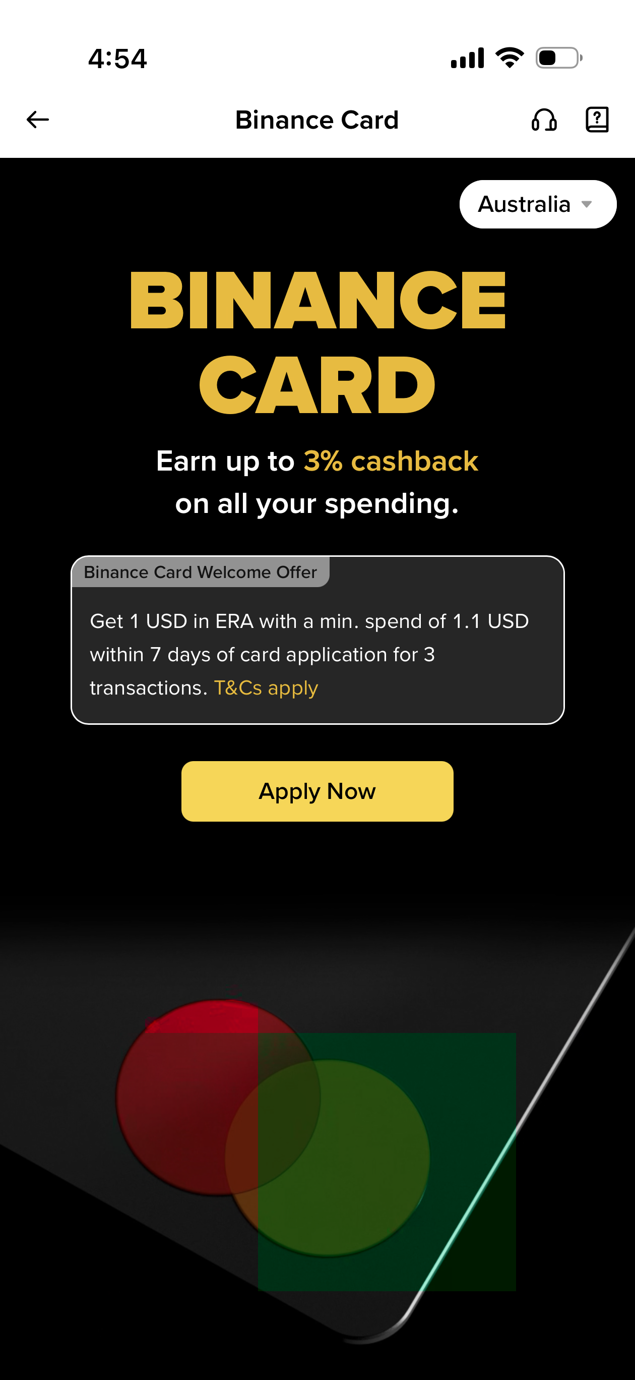 Binance Card app screen for Australia showing up to 3% cashback