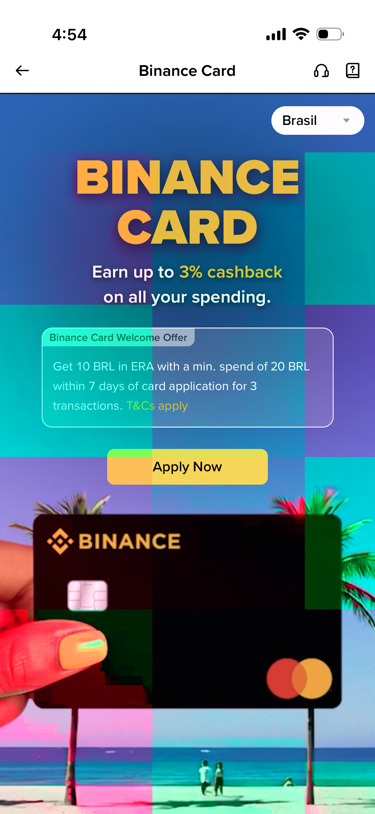 Binance Card app screen for Brazil showing up to 3% cashback
