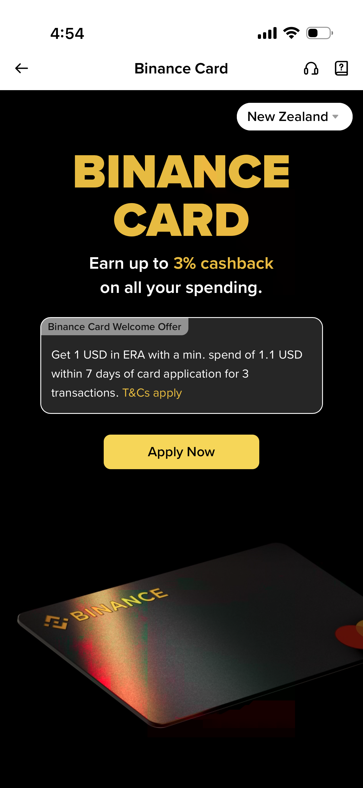 Binance Card app screen for New Zealand showing up to 3% cashback