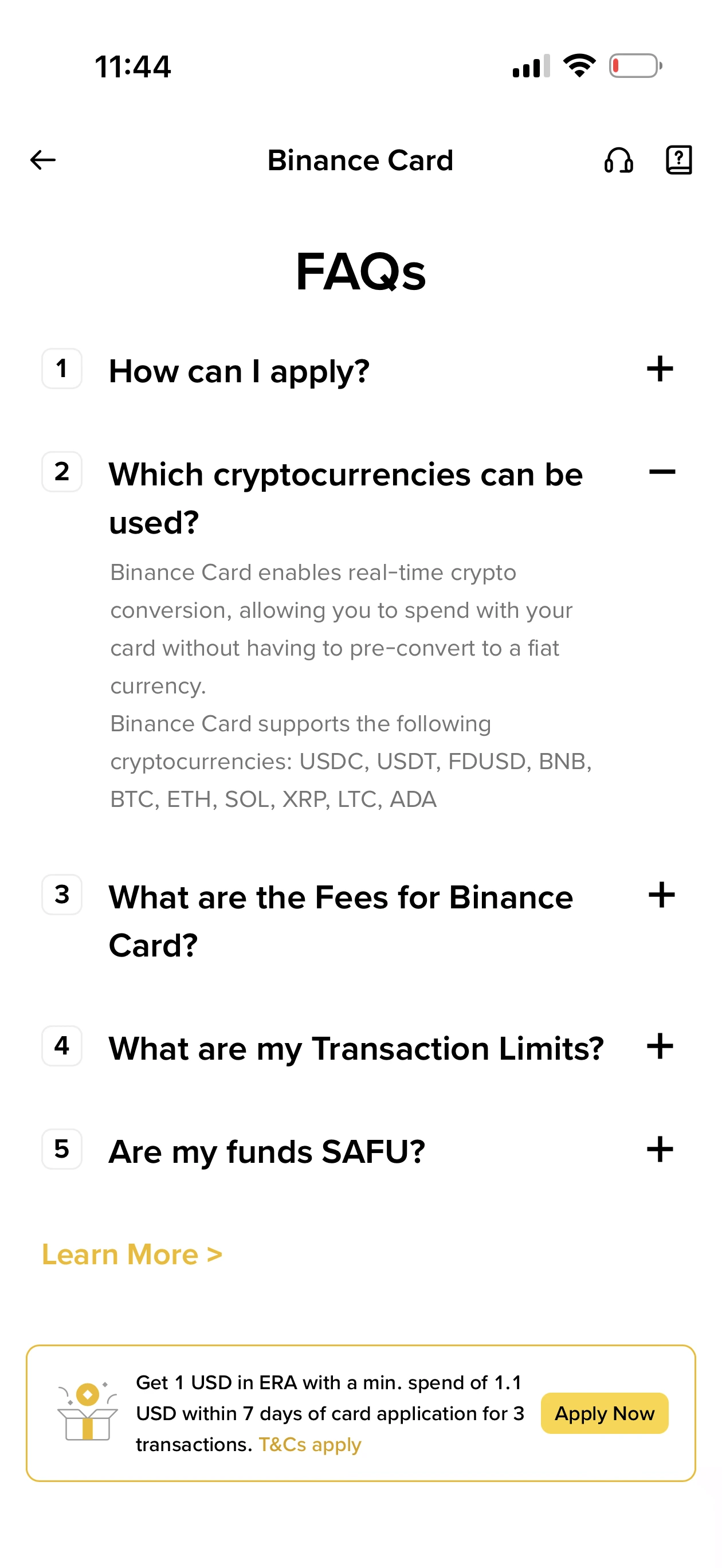 Binance Card app FAQ showing supported assets including USDC, USDT, FDUSD, BNB, BTC, ETH, SOL, XRP, LTC, and ADA