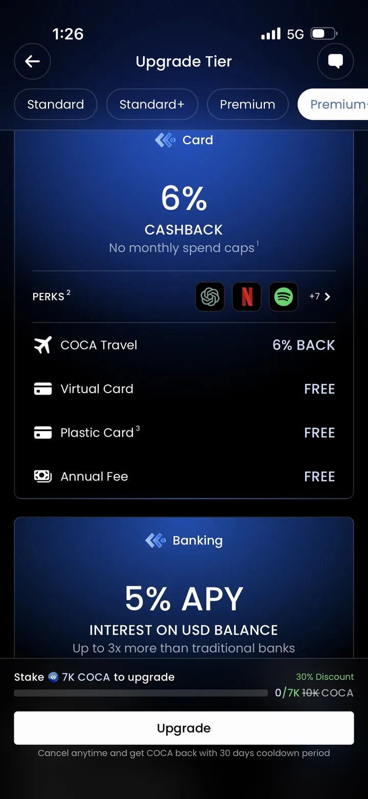 COCA Premium+ tier September 2026: 6% cashback no monthly spend caps, ChatGPT Netflix Spotify perks, 6% COCA Travel back, free plastic card, 5% APY, stake 7K COCA at 30% discount