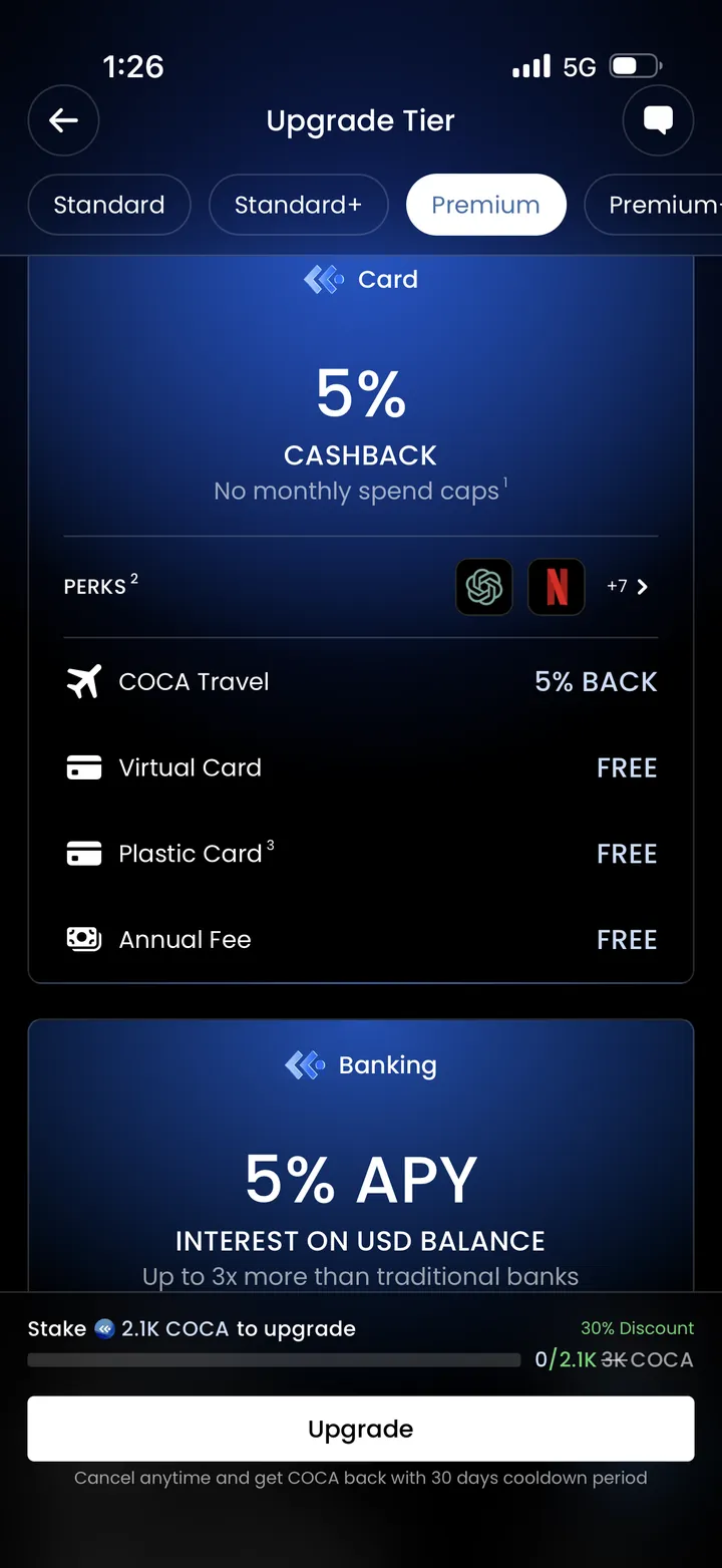 COCA Premium tier September 2026: 5% cashback no monthly spend caps, ChatGPT and Netflix perks, 5% COCA Travel back, free plastic card, 5% APY, stake 2.1K COCA at 30% discount
