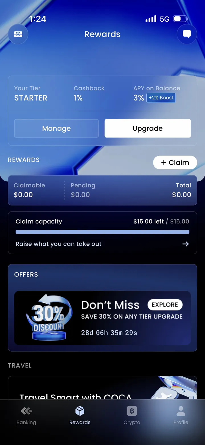 COCA app Rewards screen at Starter tier: 1% cashback, APY on balance shown as 3% plus 2% boost, claimable and pending reward balances, claim capacity meter showing $15.00 left of $15.00, and a 30% tier-upgrade discount offer