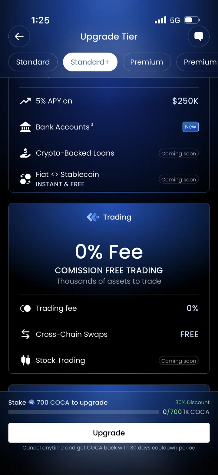 COCA Standard+ tier banking screen: 5% APY on $250K, bank accounts New, crypto-backed loans and fiat-stablecoin conversion coming soon, 0% trading fee