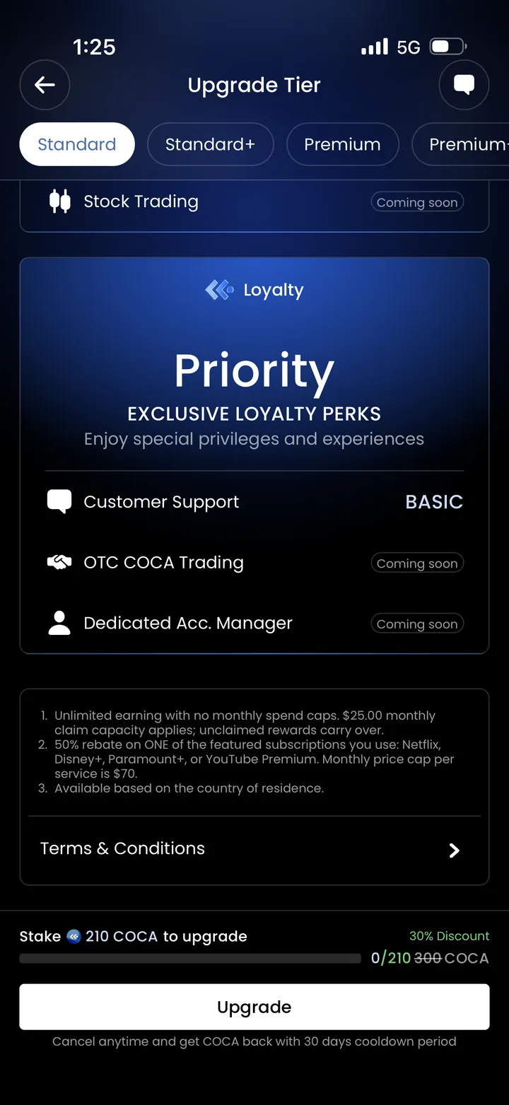COCA Standard tier terms in-app: unlimited earning with no monthly spend caps, $25.00 monthly claim capacity applies with unclaimed rewards carrying over, 50% rebate on one featured subscription with $70 monthly price cap per service