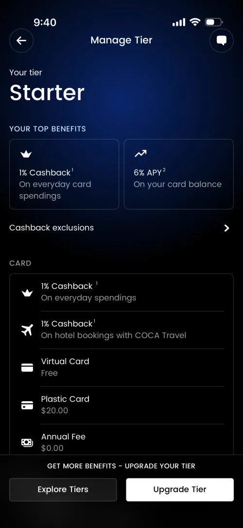 COCA Starter tier: 1% cashback on everyday spending, 6% APY, virtual card free, plastic card $20, $0 annual fee