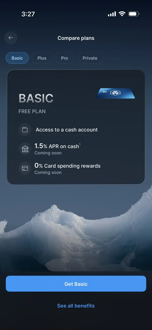 Crypto.com app Compare Plans screen showing Basic, Plus, Pro, and Private tiers