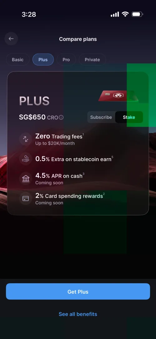 Crypto.com Plus plan: SG$650 CRO stake, 2% rewards, 4.5% APR