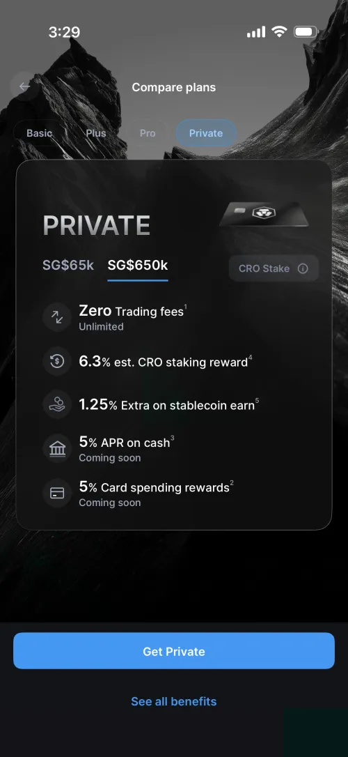 Crypto.com Private plan at SG$650k CRO stake: 5% card spending rewards, 6.3% staking rewards, unlimited trading