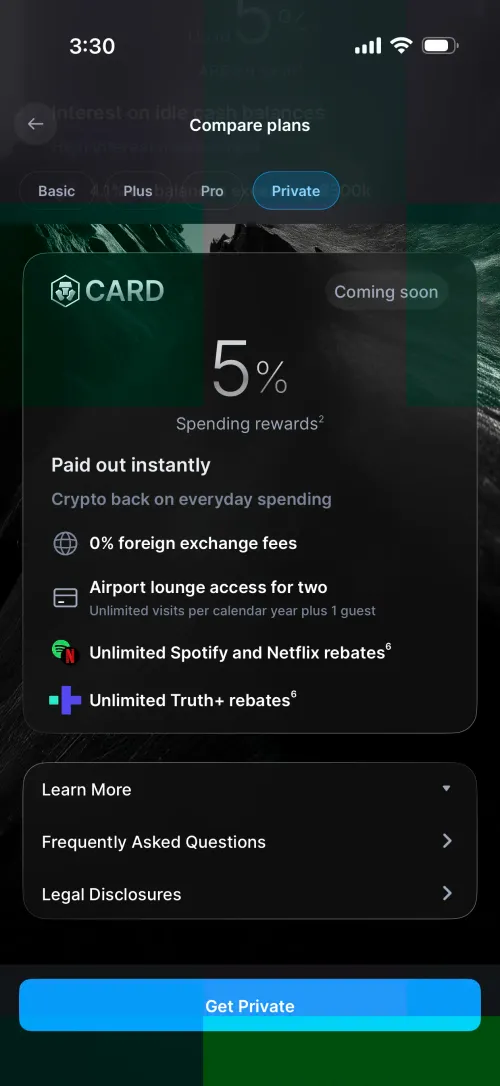 Crypto.com Private tier card benefits: 5% spending rewards, unlimited lounge access for two, Spotify, Netflix, and Truth+ rebates