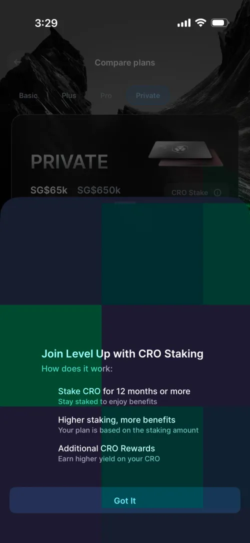 Crypto.com Level Up staking explainer: stake CRO for 12 months, higher staking = more benefits, additional CRO rewards