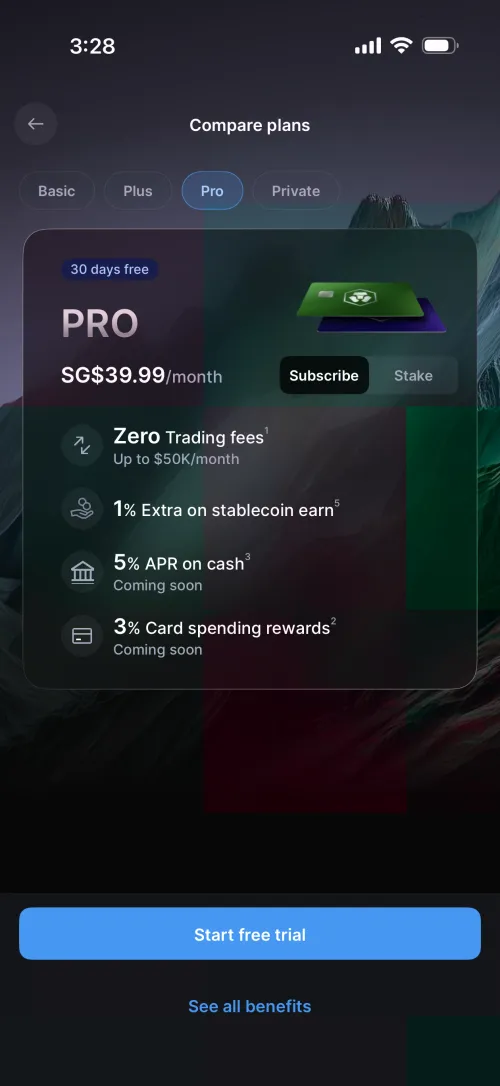 Crypto.com Pro plan: SG$39.99/month, 3% rewards, 5% APR