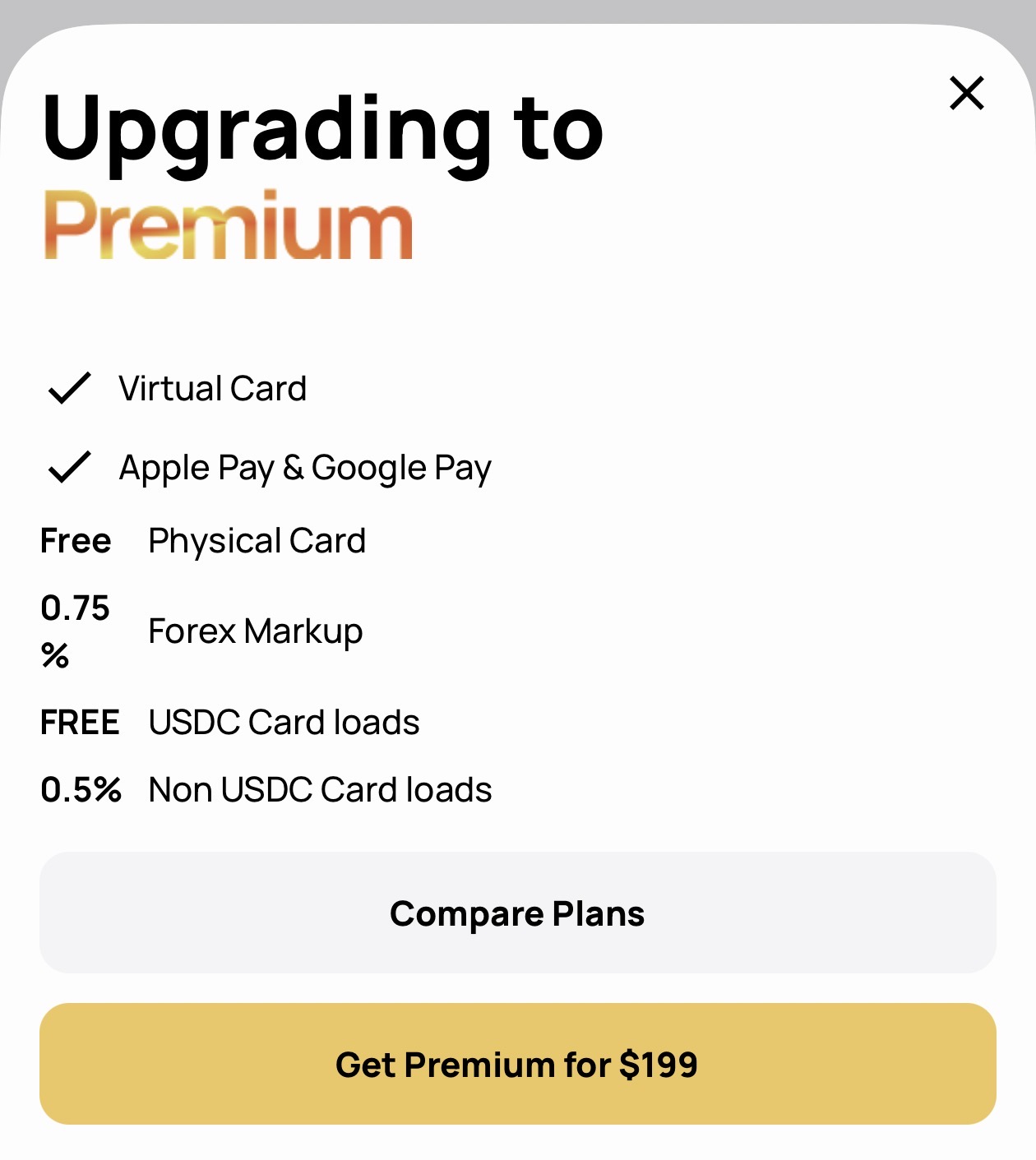 Cypher Premium upgrade screen showing $199 per year price with key benefits: 0.75% forex markup, Free USDC loads, 0.5% on other token loads, Free Premium Metal Card 16g, up to $300 Chargeback cover, Add-on Cards, Priority Support